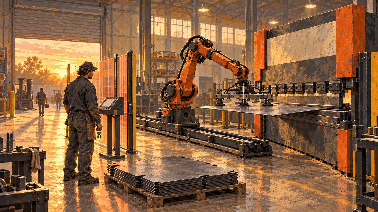 A fabricator setting up a job on a bending cell at the end of the day, jacket on, ready to go home.