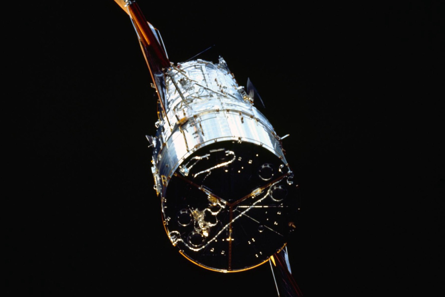 The Hubble Space Telescope flying free against black space